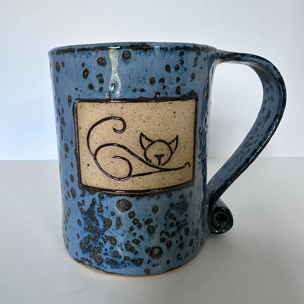 Cat Kitty Coffee Mug Blue Speckles Curved Handle Pottery Handmade - Picture 1 of 6